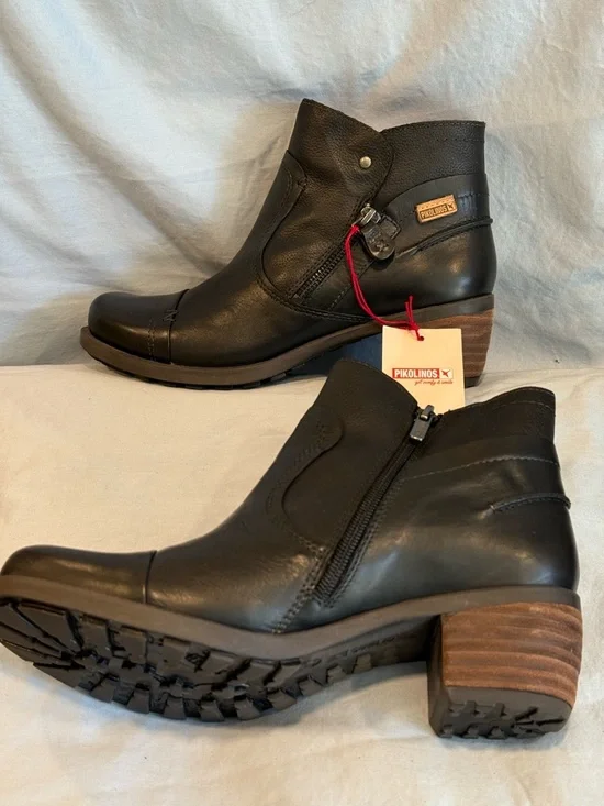 PIKOLINOS Black Leather Ankle Boots with Stacked Brown Heel - Picture 3 of 5